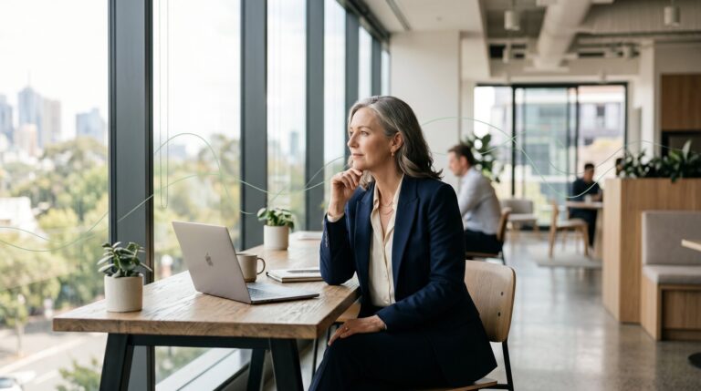 A businesswoman at a desk by a window in a light-filled office, pausing in thought.
