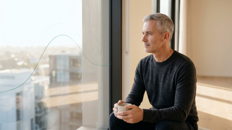 A composed executive in his fifties seated in soft early-morning light beside a window, with a faint green daily-rhythm curve traced across the glass.