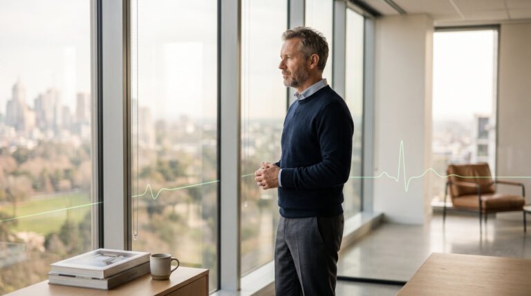 An executive standing at a floor-to-ceiling office window overlooking the city.