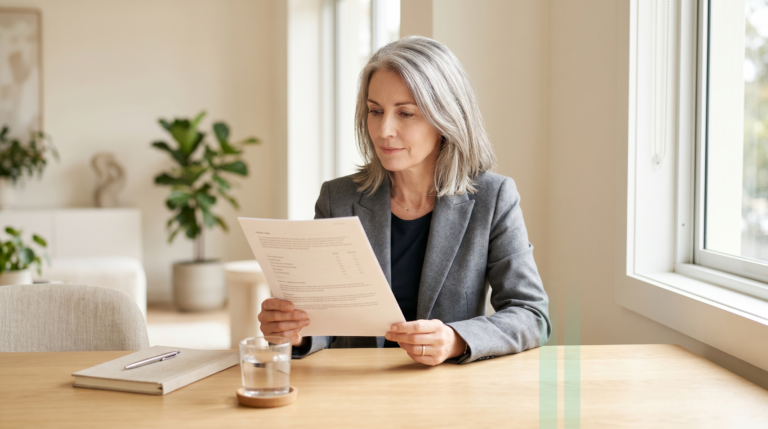 A composed professional in her fifties reading a printed results page in bright natural light, with a faint green range-marker motif projected across the table.