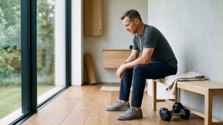 Man resting between sets in a home training room