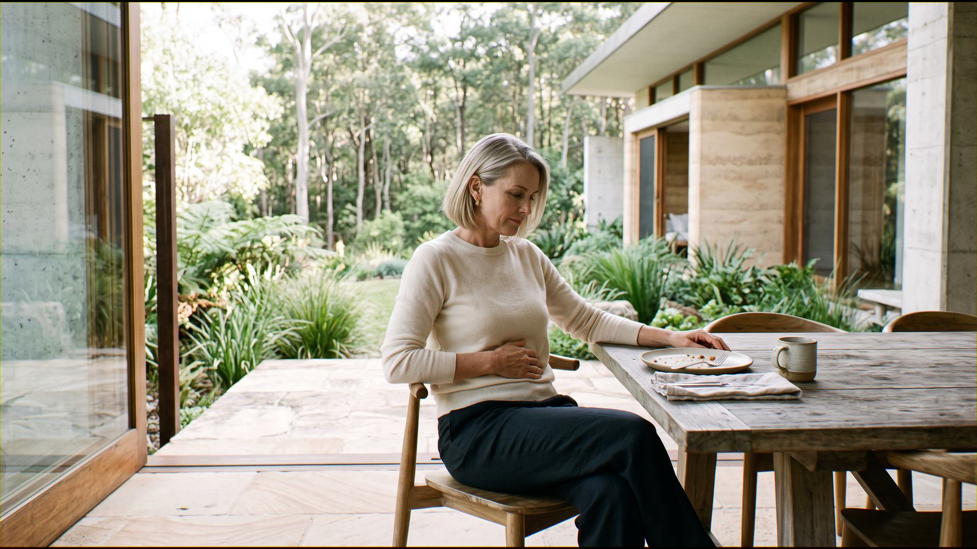 A woman in her late forties at an outdoor table after breakfast, one hand resting on her stomach